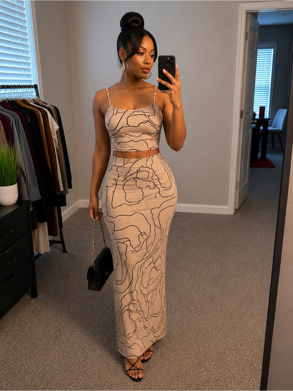 Justify Beige Abstract-Print Two-Piece Maxi Dress Set